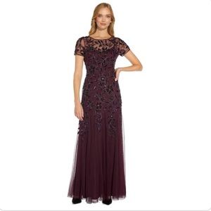 Adrianna Papell Hand Beaded Short Sleeve Floral Godet Gown, Night Plum, 6P